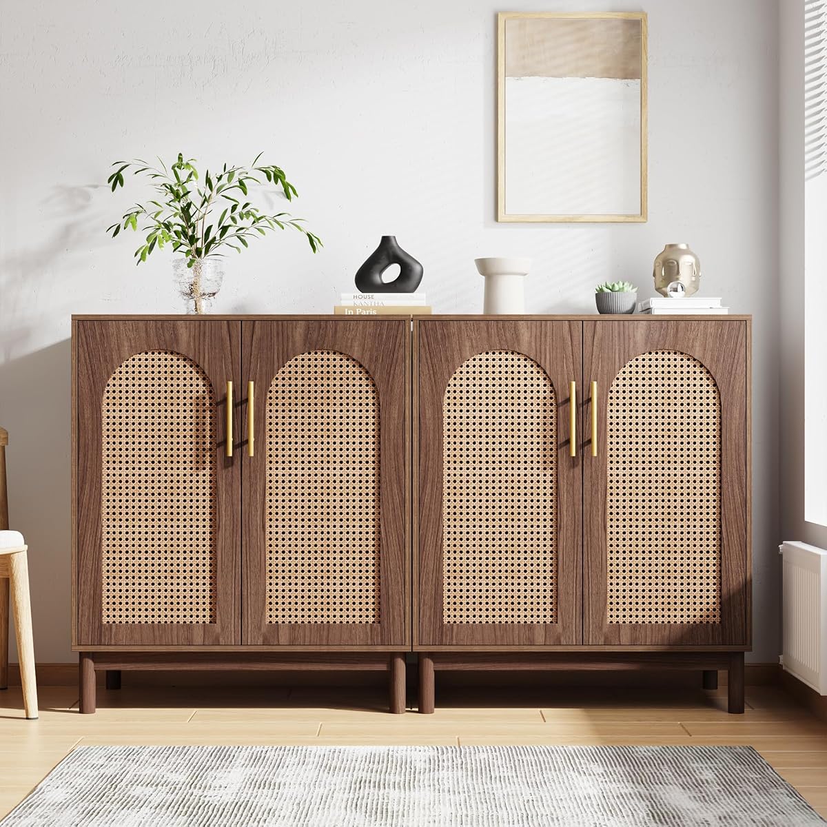 Set of 2 Rattan Sideboard, 59” Buffet Cabinet with Storage