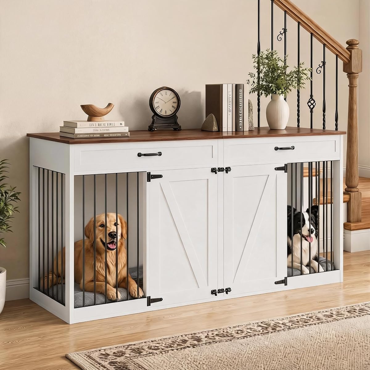 71'' Double Dog Crate Furniture for 2 Dogs, Dog Crate with 2 Drawer