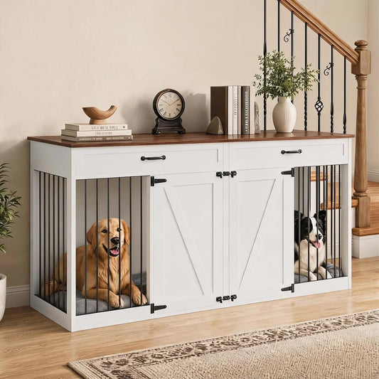 71'' Double Dog Crate Furniture for 2 Dogs, Dog Crate with 2 Drawer