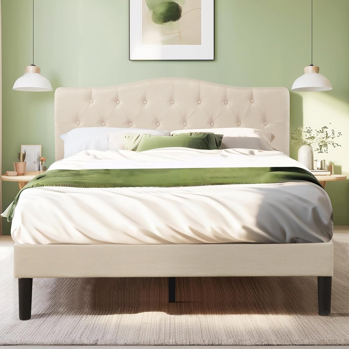 Queen Size Platform Bed Frame with Fabric Upholstered Headboard and Wooden