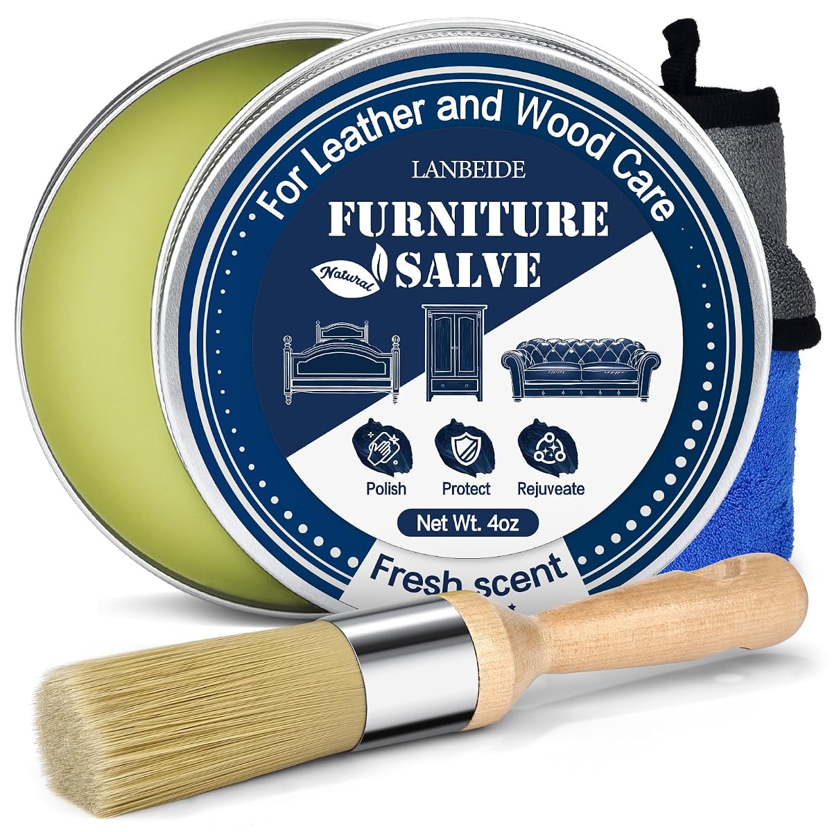 Furniture Salve with Brush for Leather Wood, Polisher and Conditioner for Leather Couch and Furniture-Repair Salve 4OZ with Brush and Towel