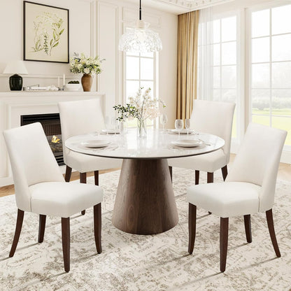 Upholstered Dining Chairs Set of 4, Mid Century Modern Kitchen Chairs with Back, Farmhouse Fabric Side Dining Room Chairs with Wood Legs for Dining Room Restaurant, Beige