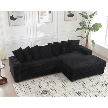 111 Inch Corduroy Sectional Couches for Living Room | L-Shaped Sectional Couch with 8 Pillows | Cloud Couch with Deep Seat | Solid Wood Frame Sofa Black (Right Facing Chaise)