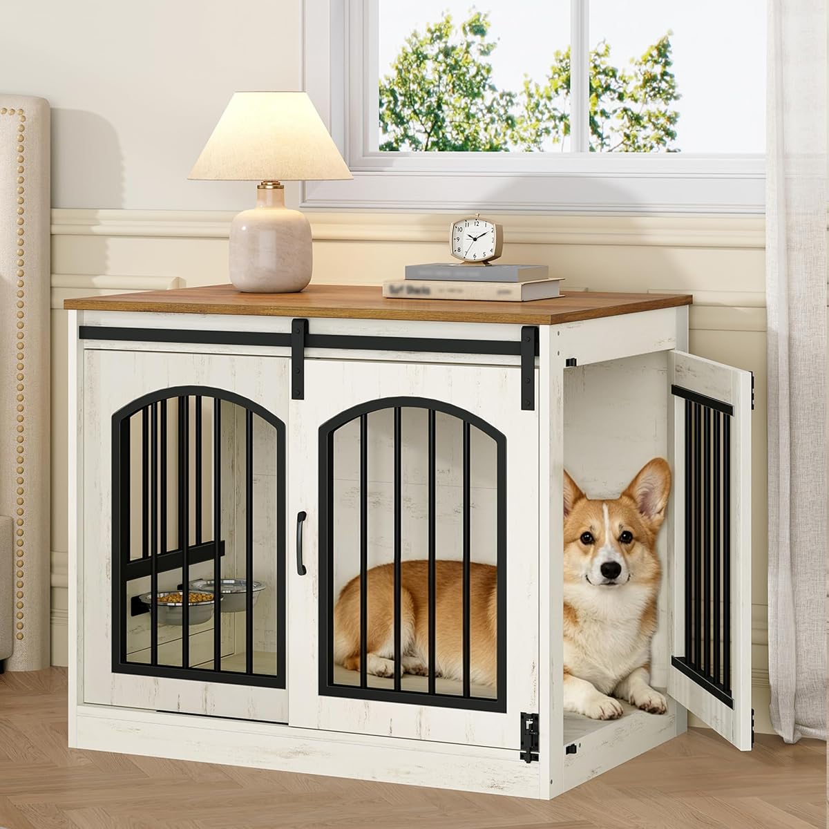 31.5 in Dog Crate Furniture Indoor Dog Kennel with 2 Feeding Bowls