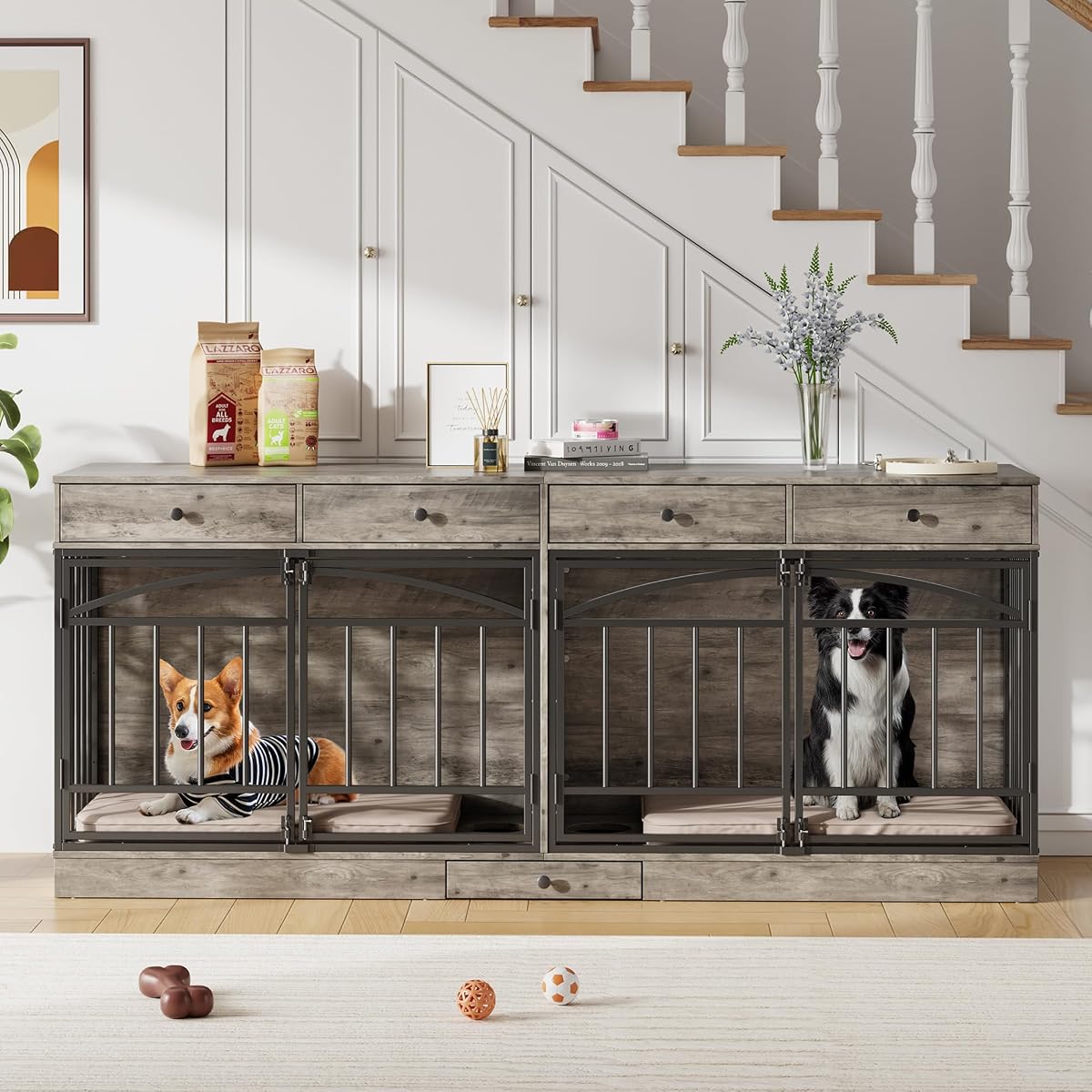 78.7" Dog Crate Furniture for 2 Dogs with 4 Drawers, Grey