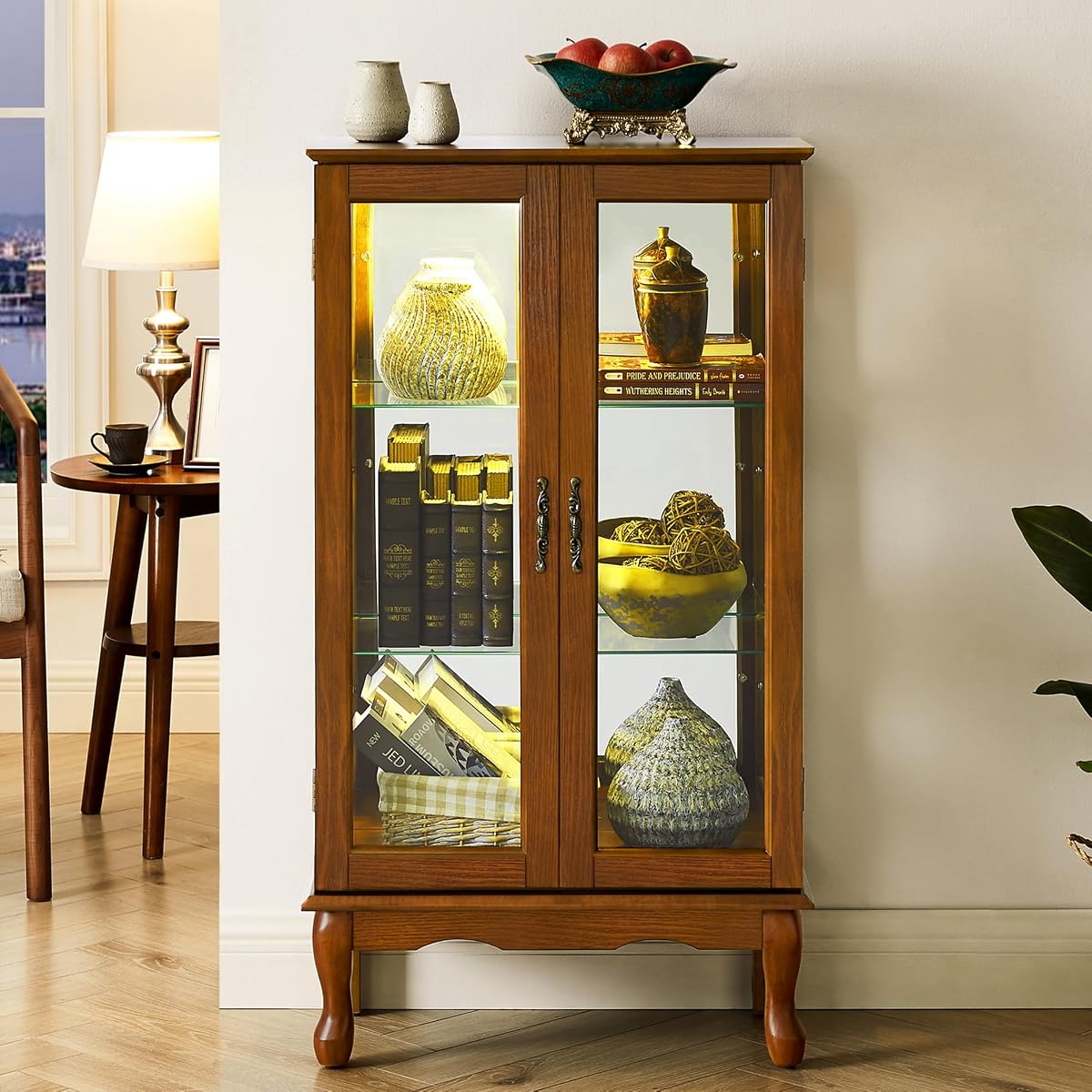 Curio Cabinet Lighted Curio Diapaly Cabinet Wooden Shelving Unit with Adjustable Shelves and Mirrored Back Panel, Tempered Glass Doors (Oak, 3 Tier)