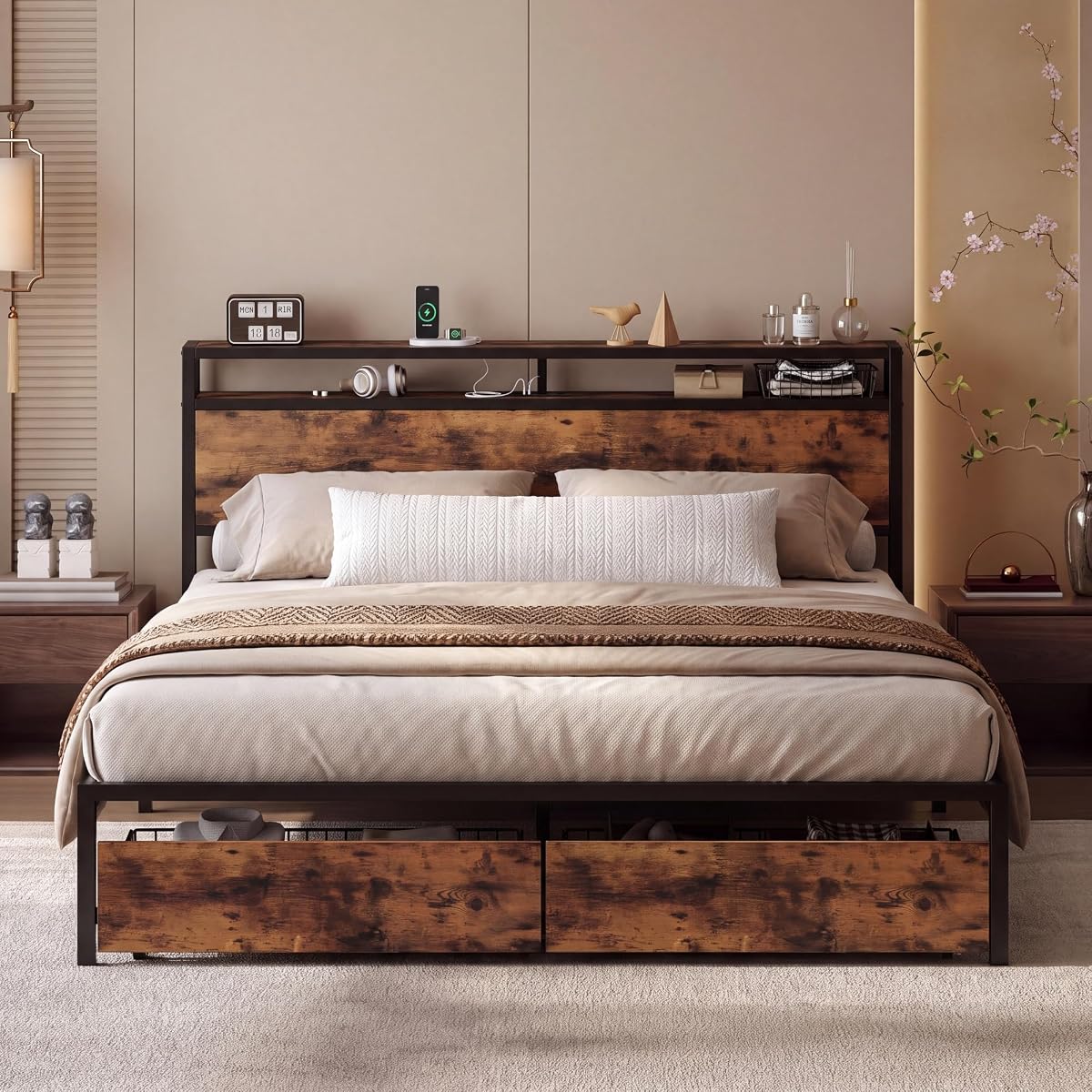 King Size Bed Frame with Headboard, 2 Drawers and Charging Station