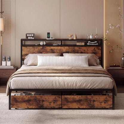 King Size Bed Frame with Headboard, 2 Drawers and Charging Station