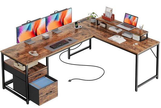 63 Inch L Shaped Desk with Power Outlets and USB-C Port
