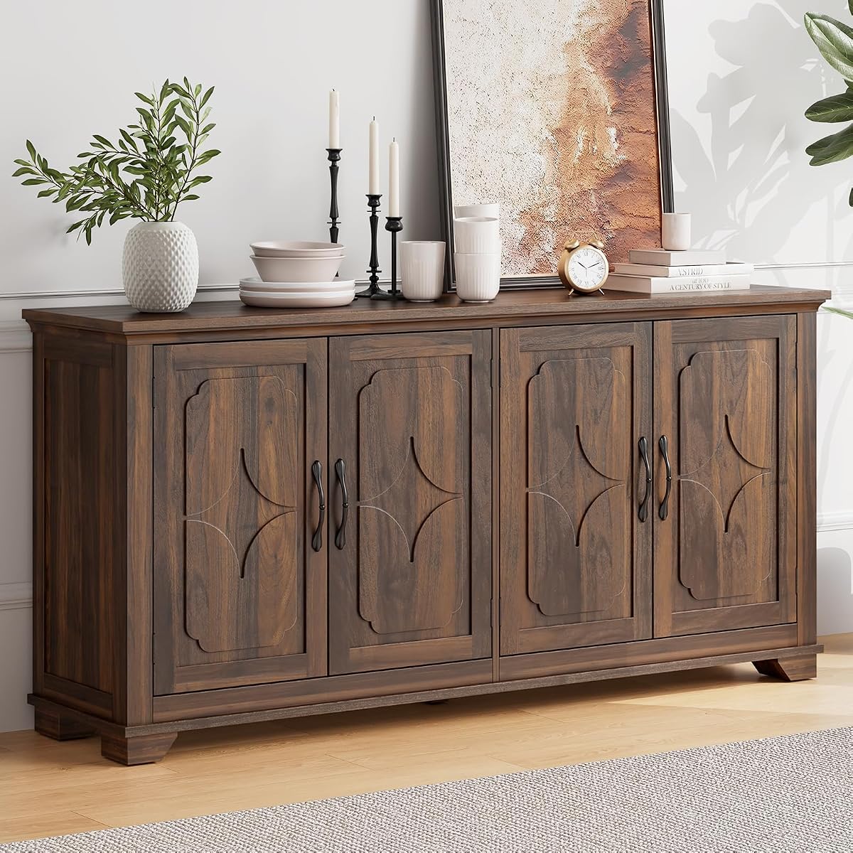 63 Inch Buffet Cabinet with Storage, 4 Carved Doors, Brown