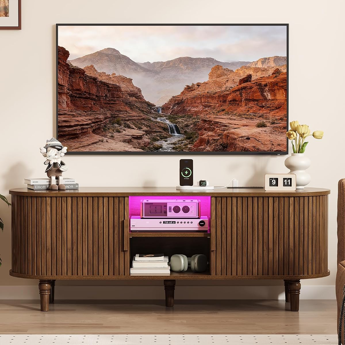 Mid Century Modern TV Stand - 55" TV Console with Fluted Sliding Doors