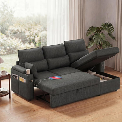 L-Sofa Bed Sleeper Pull Out with Storage Function and Two USB Ports and Cup