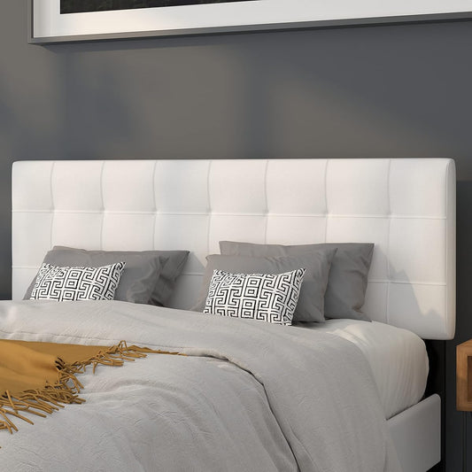 Bedford Box Stitch Tufted Upholstered Queen Size Headboard in White Fabric