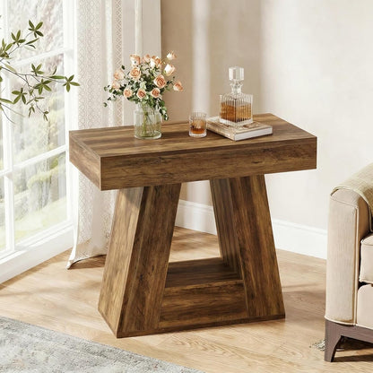 Tribesigns 24" Side Table, Narrow End Table with 2-Tier Storage Shelf, Farmhouse Wooden Nightstand Accent Table with Trapezoid Base for Living Room, Bedroom, Small Spaces, Brown