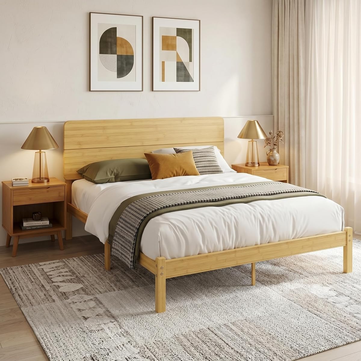 14" Solid Bamboo Wood Queen Bed Frame with Headboard, Natural