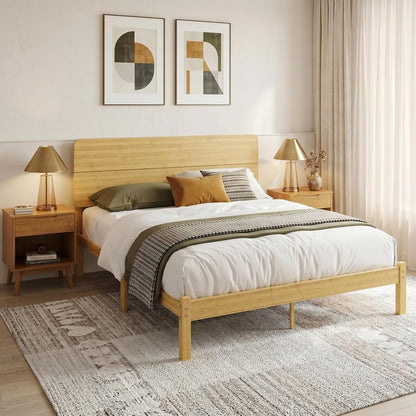 14" Solid Bamboo Wood Queen Bed Frame with Headboard, Natural