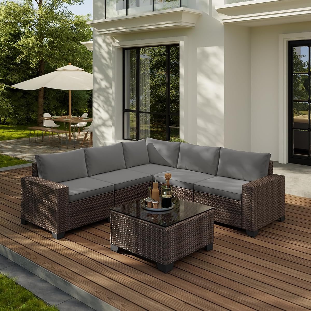 6-Piece Outdoor Patio Furniture Set, PE Wicker Rattan Sectional Sofa Conversation Set with Thickened Cushions and Coffee Table, All-Weather Patio Furniture for Garden, Backyard, Poolside, Grey