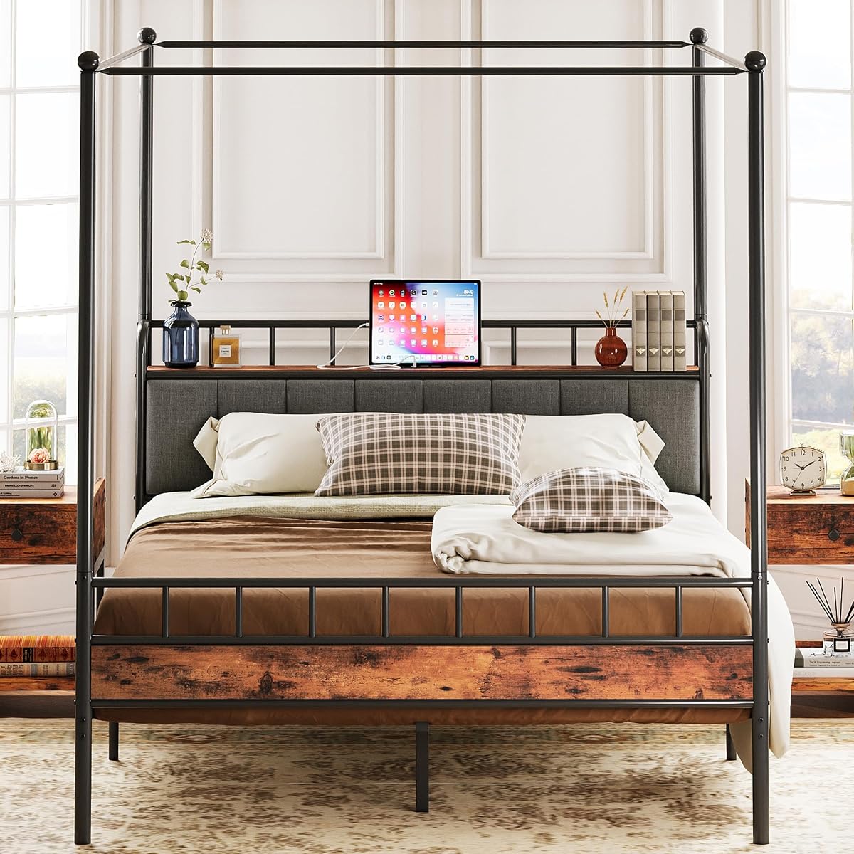 Queen Canopy Bed Frame, Storage Headboard with Charging Station