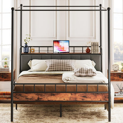Queen Canopy Bed Frame, Storage Headboard with Charging Station