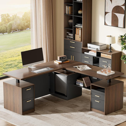 71" L Shaped Electric Standing Desk with 5 Drawers & CPU Storage