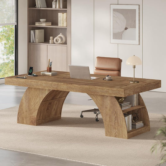 70.9 Inch Executive Desk, Large Office Desk with Power Outlet & Storage Shelves