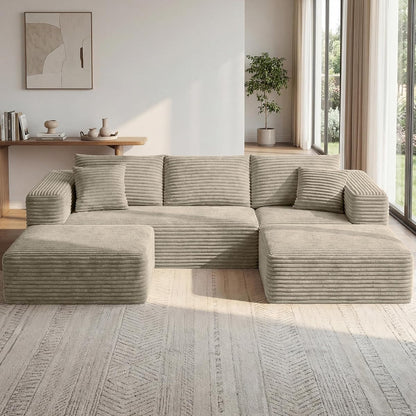 108" Boneless Couch for Living Room, Modular Sectional Sofa with Dual Ottomans, Fluffy Corduroy Floor Couch with Deep Seat, Modern U-Shaped Couch No Assembly Required | Oatmeal