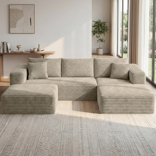 108" Boneless Couch for Living Room, Modular Sectional Sofa with Dual Ottomans, Fluffy Corduroy Floor Couch with Deep Seat, Modern U-Shaped Couch No Assembly Required | Oatmeal