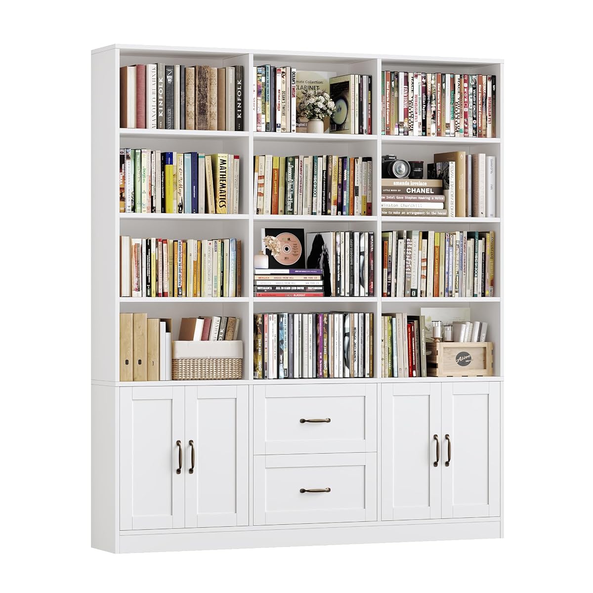 71" Tall Triple Wide Bookshelf with Storage Drawers & Doors, White