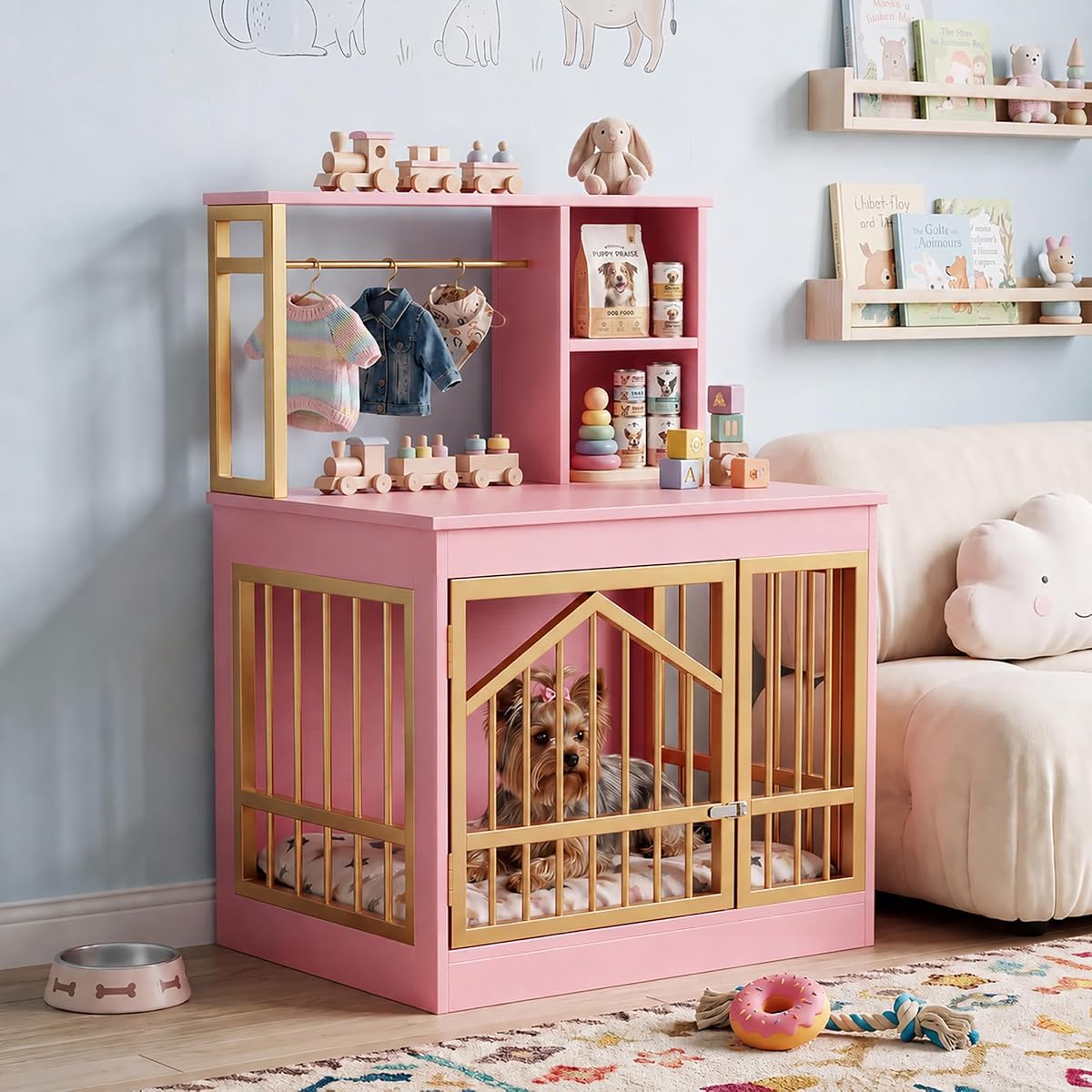Dog Crate Furniture, Wooden Dog Kennel for Small Breed, Pink