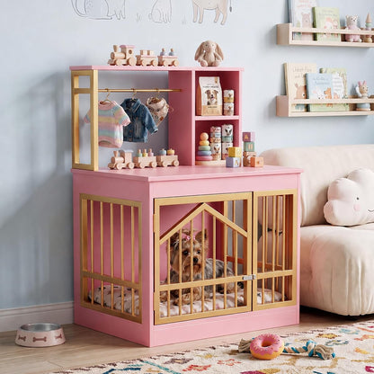 Dog Crate Furniture, Wooden Dog Kennel for Small Breed, Pink