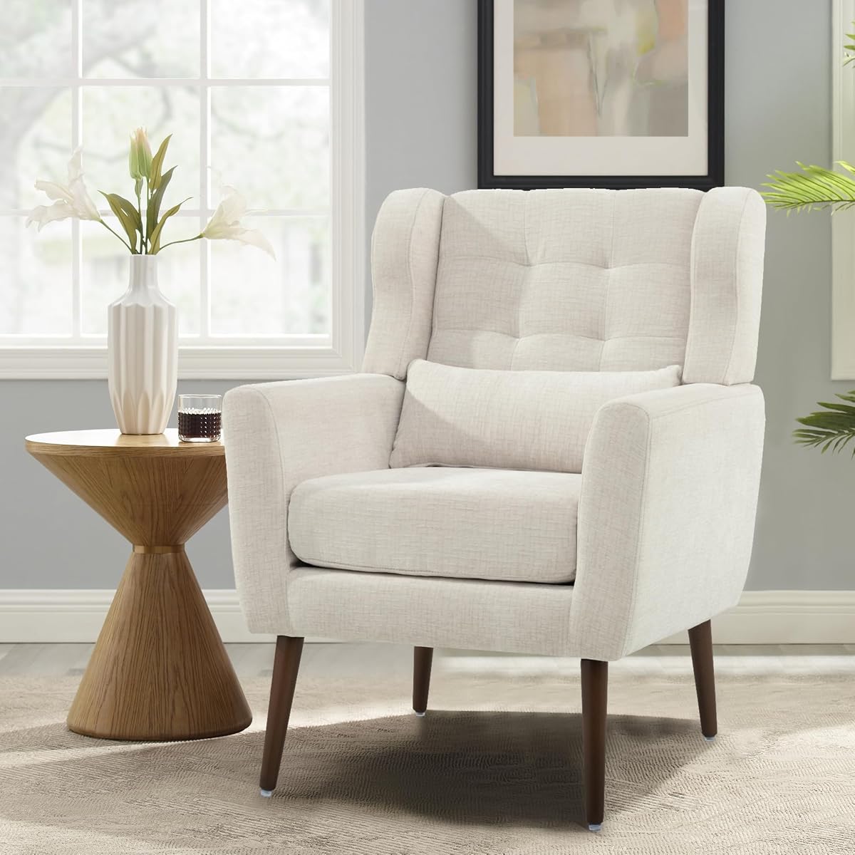 Modern Accent Chair Chenille Fabric Upholstered Tufted Side Wingback Chair,Mid Century Reading Armchair with Waist Pillow Backrest for Living Room Bedroom (Beige)