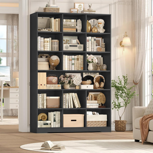 76” Tall Bookshelf with Storage, 6 Tier Black Bookcase with 16 Open Display Shelves, Triple Wide Large Bookshelves and Bookcases, Wood Book Shelf Storage Cabinet for Home Office (Black)