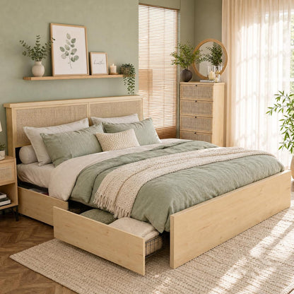 Queen Bed Frame with Natural Rattan Headboard and Wooden 4 Storage Drawers