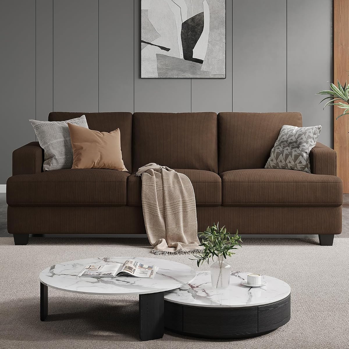 89 Inch Sofa with Extra Deep Seats Oversize, 3 Seater Sofa for Living Room, Modern Couch and Sofa, Comfy Armrests and Seats and Backrests, Easy Installation, Corduroy Fabric Brown