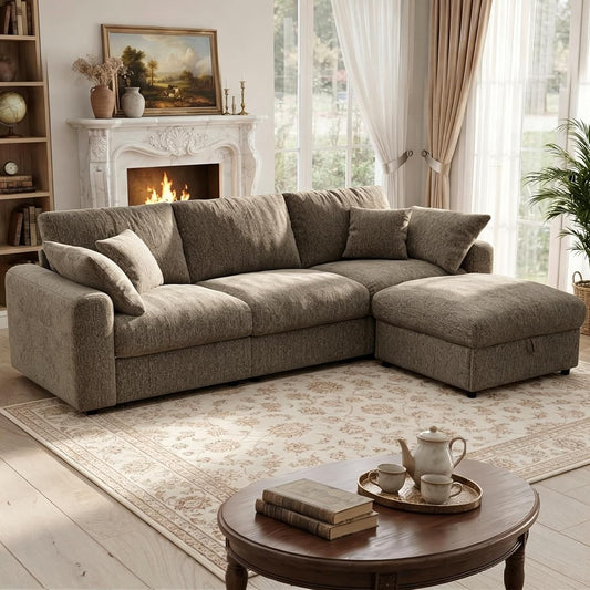 Cloud Sectional Couches for Living Room, 110" Large Modular Sectional Sofa with Wide Deep Seat, L Shaped Couch with Throw Pillow and Storage Ottoman, Brown