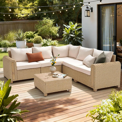6-Piece Patio Furniture Set, Outdoor Wicker & Acacia Wood Sectional Sofa Set, Patio Modular Design Conversation Sets with Coffee Table & Thick Comfy Cushion for Porch, Garden, Natural Color