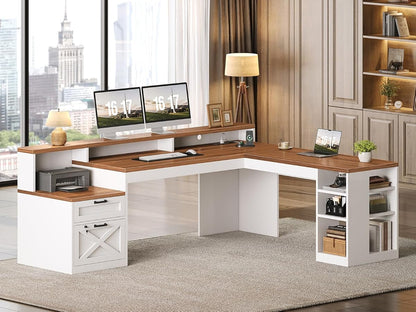 L Shaped Desk with 2 Drawers, 65"x 59" Large Home Office Desk with Lockable File Drawer & Power Strip, Corner Desk with Storage & LED Strip, White + Brown
