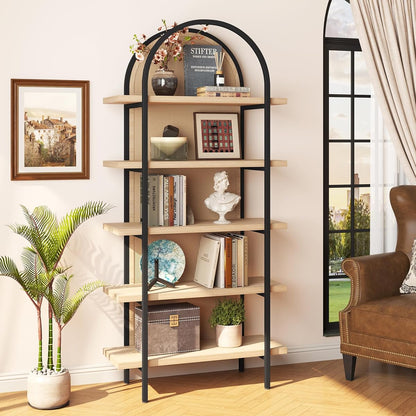 Bookshelf Rattan 5 Tier Arched Bookcase, 74" Tall Industrial Open Book Shelves for Living Room, Modern Freestanding Display Shelving Boho Storage Rack with Metal Frame for Office, Brown