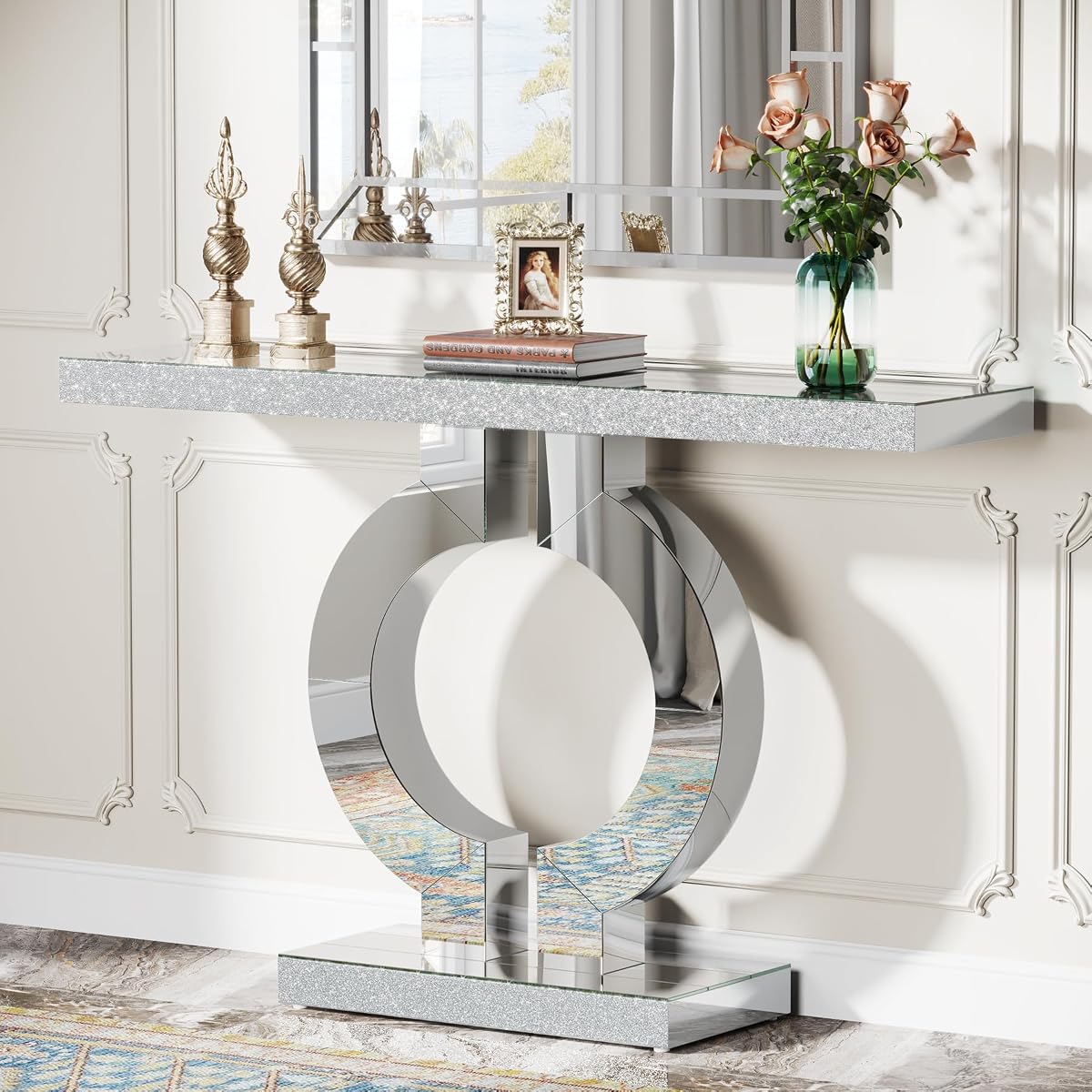 Tribesigns 43" Silver Entryway Table with O-Shaped Base, Modern Rectangle Mirrored Sofa Console Table for Living Room, Hallway, Entrance (Silver)