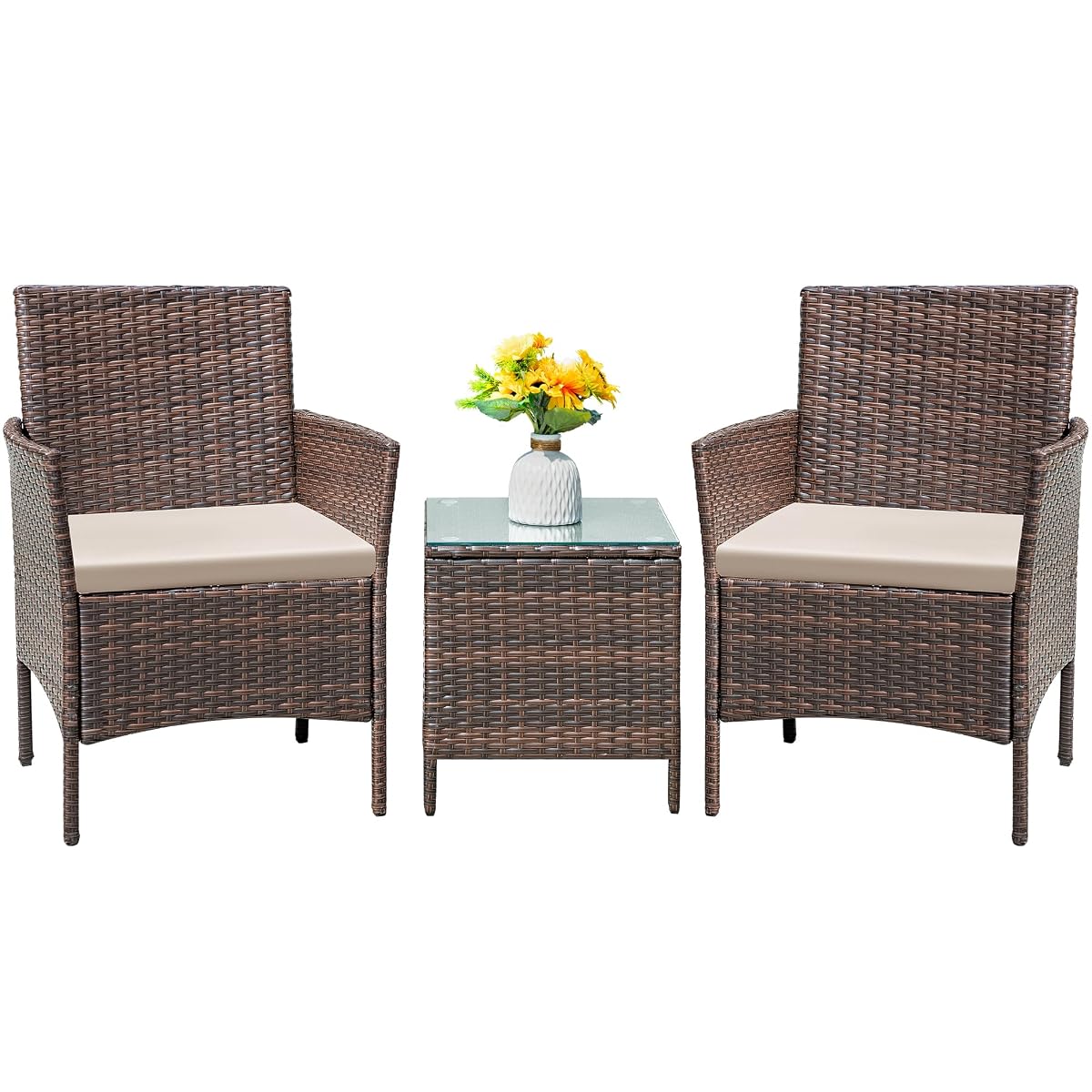 Patio Furniture Set 3 Pieces All-Weather Rattan Outdoor Furniture Patio Chairs with Tempered Glass Table for Porch Bistro Balcony (Brown/Cream)