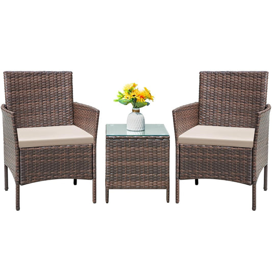 Patio Furniture Set 3 Pieces All-Weather Rattan Outdoor Furniture Patio Chairs with Tempered Glass Table for Porch Bistro Balcony (Brown/Cream)