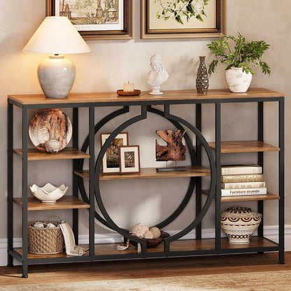 47" Industrial Console Tables for Entryway Rustic Sofa Table Behind Couch 4 Tier Wooden Shelves Entry Table with Storage for Foyer, Hallway, Front Door,Living Room (Rustic Brown, 47")