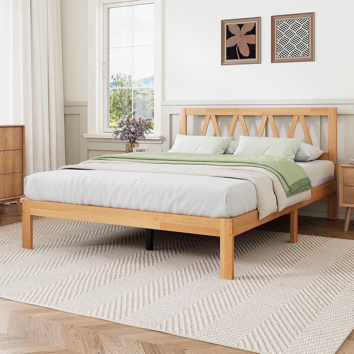 12 Inch Queen Bed Frame with Headboard Bed Frame Queen Size Solid Wooden Bed