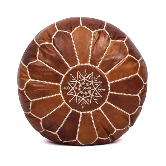 Handmade Pouf Ottoman Cover, Unstuffed Foot Stool, Round Boho Footrest for Living Room, Bedroom, Home Decor Gift (Dark Tan By White)