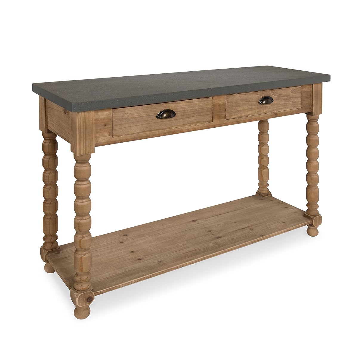 Rutledge Farmhouse Chic Two Drawer Console Table, Rustic Wood Base and Concrete Gray Top