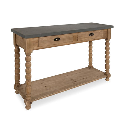 Rutledge Farmhouse Chic Two Drawer Console Table, Rustic Wood Base and Concrete Gray Top