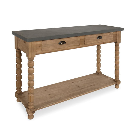 Rutledge Farmhouse Chic Two Drawer Console Table, Rustic Wood Base and Concrete Gray Top
