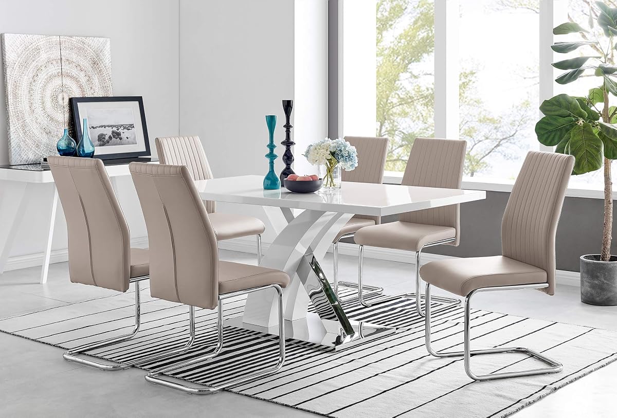 Atlanta Modern Rectangle Chrome Metal White High Gloss Dining Table and 6 Cappuccino Beige Lorenzo Chairs Set