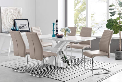 Atlanta Modern Rectangle Chrome Metal White High Gloss Dining Table and 6 Cappuccino Beige Lorenzo Chairs Set