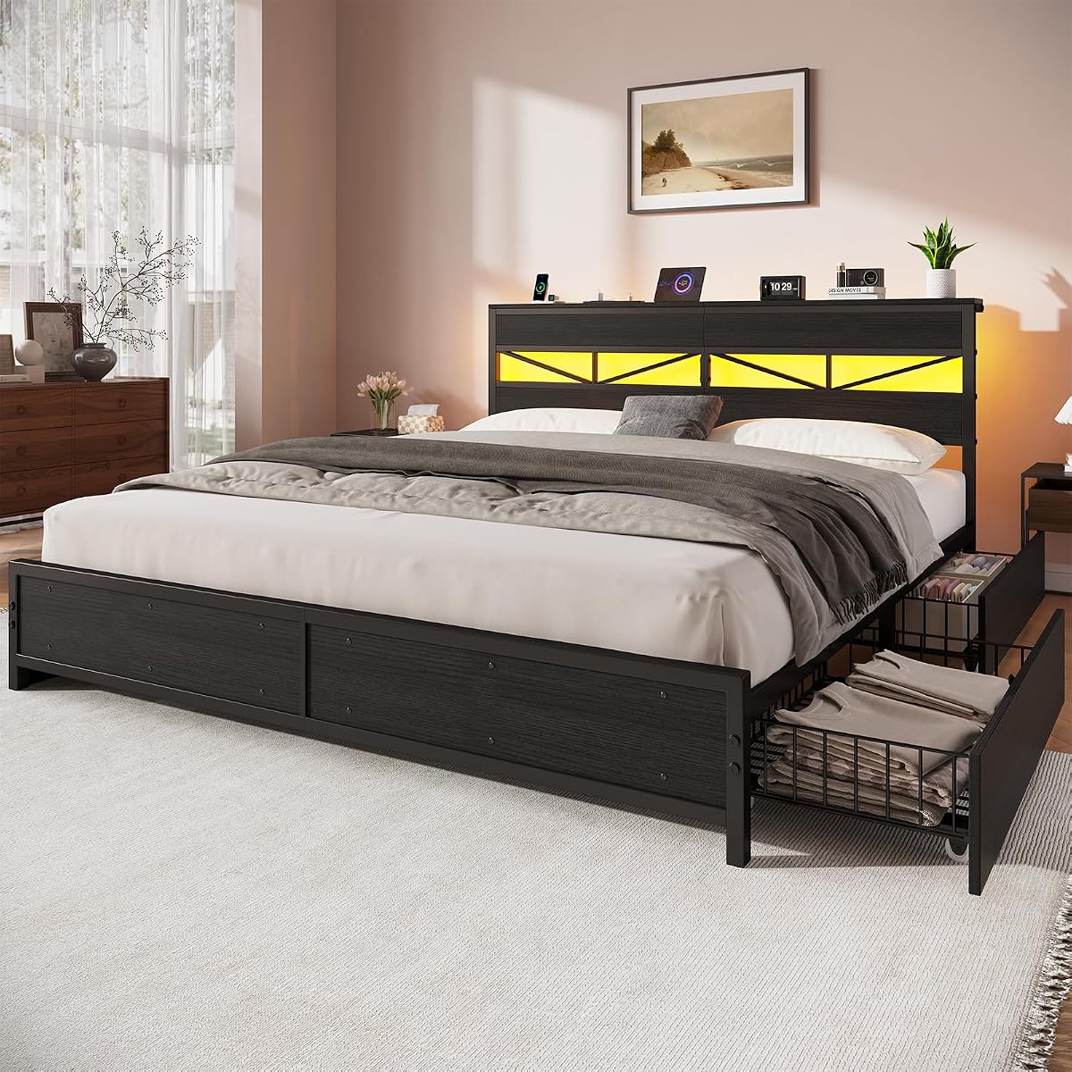 King Size Bed Frame with Storage Headboard and Charging Station, Black